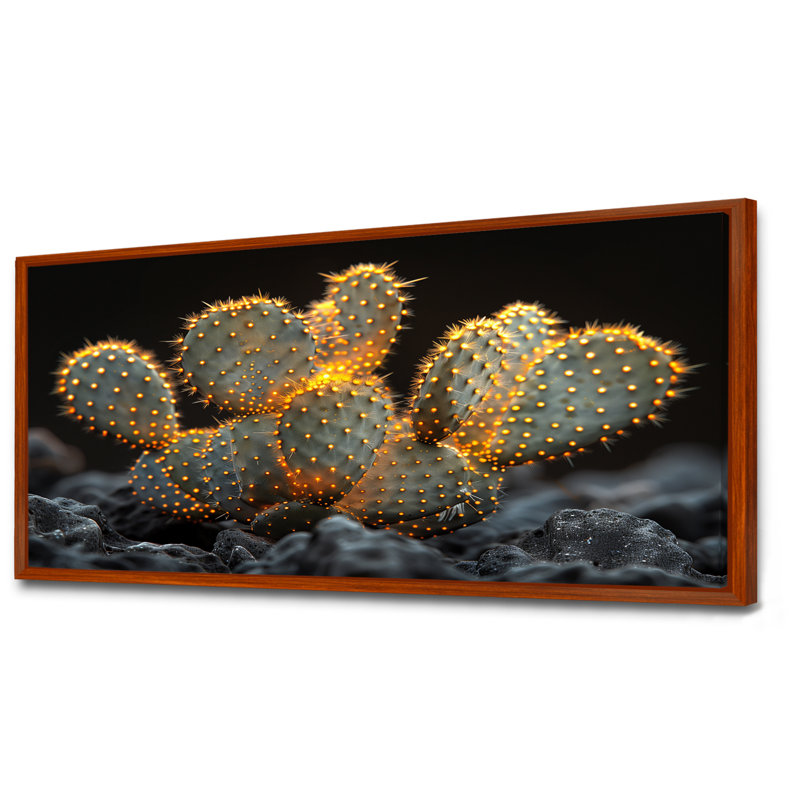 Cactus jaune, jaune, noir, coucher de soleil, Toile avec cadre flottant brun, H 28 po x l 60 po x P 1,5 po