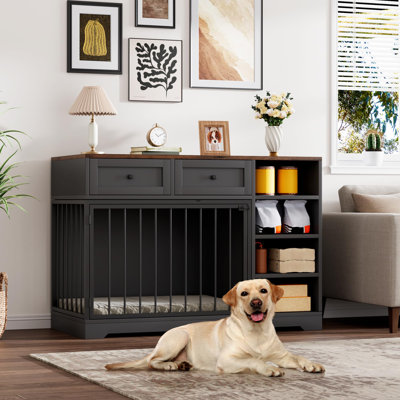 Élégante cage de rangement en bois pour chien de 119 cm (47 pouces) – Cage d'intérieur avec 2 tiroirs et 4 étagères, meuble télé et canapé pour chiens de taille moyenne à grande – Noir