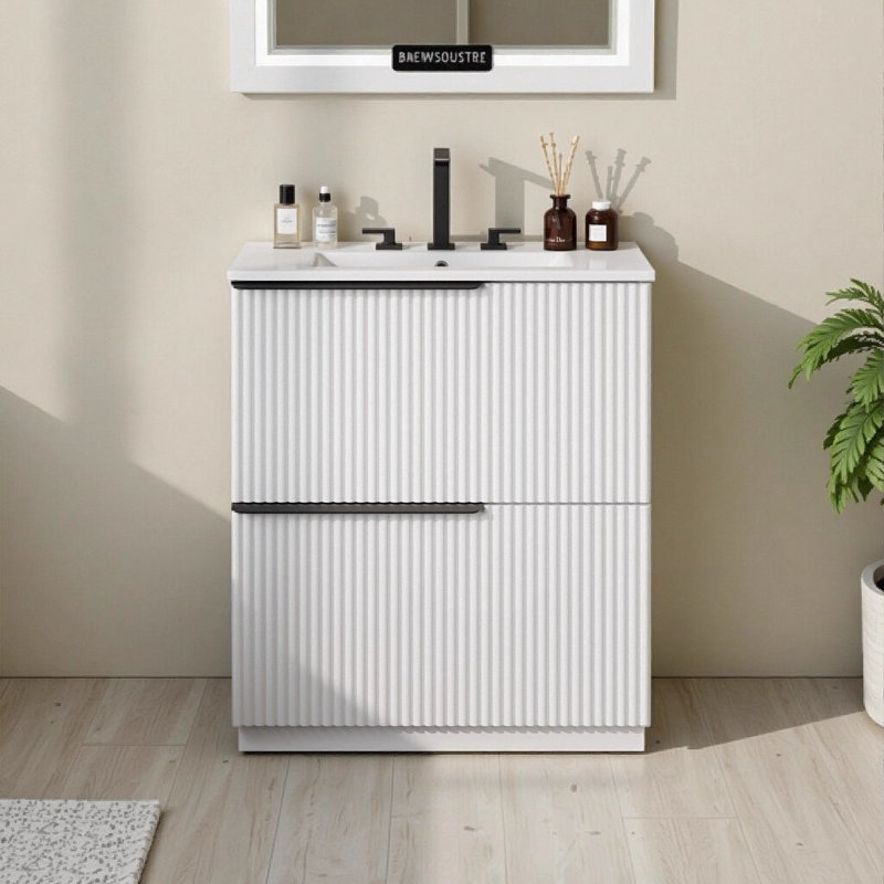 Meuble-lavabo autoportant de 30 po avec lavabo en céramique, tiroirs à extension complète et conception cannelée, blanc