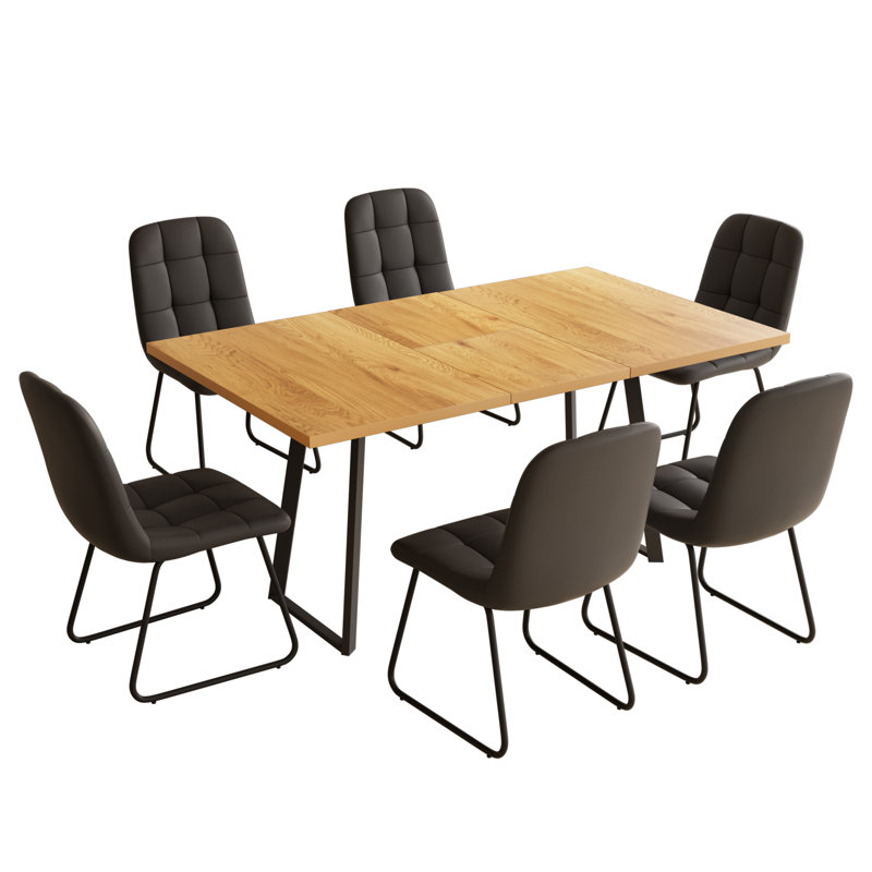 6 - Person Kitchen Dining Set, 47'' to 62'' Extendable Dining Table with 32.8"H Upholstered Dining Chairs, Space-saving Long Dining Table Furniture for 6 Person