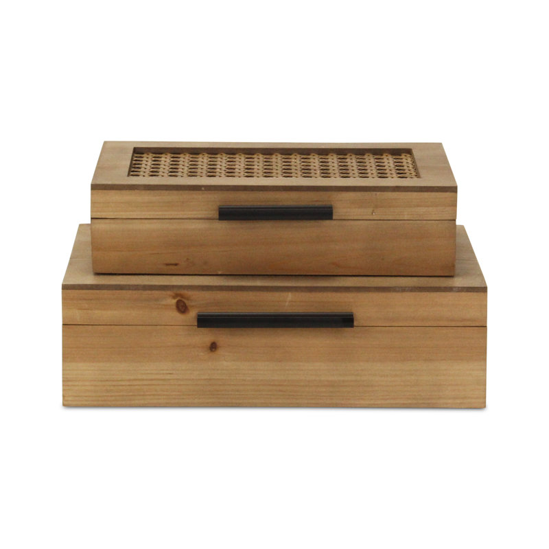 Ensemble de boîte en rotin et bois Baskura | Poignées noires |, H 3,75 po x l 11,75 po x P 8,5 po
