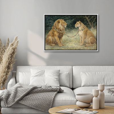 «Majestic Lion and Lioness with Floral Garland in Natural Cadre», reproduction d'art encadrée