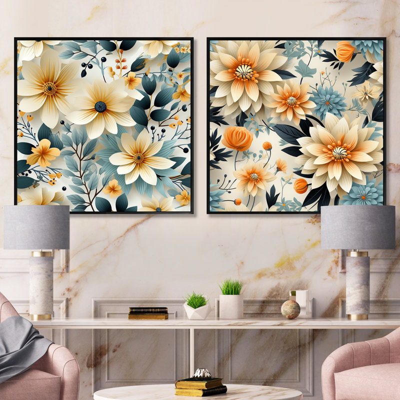 Evangélina - Ensemble de 2 collages floraux carrés, Cadre flottant noir, H 16 po x l 33 po