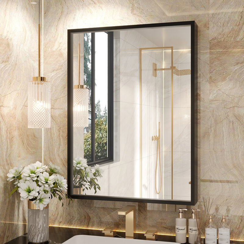 Molly Tempered Glass and Metal  Alloy Square-Corner Framed French Cleat Mounted Wall Bathroom / Vanity Mirror, 32" x 24"