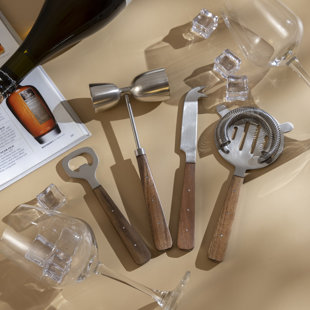 Set Of 4 Stainless Steel & Wood Handle Bar Set