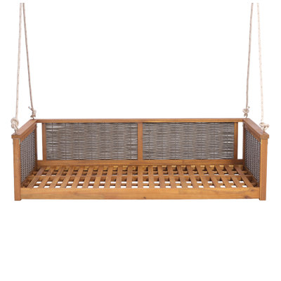 Outdoor Classic Solid Wood Twin Size Swing Bed,Garden Porch Rattan Swing Frame with Long Ropes for Poolside, Backyard,TEAK