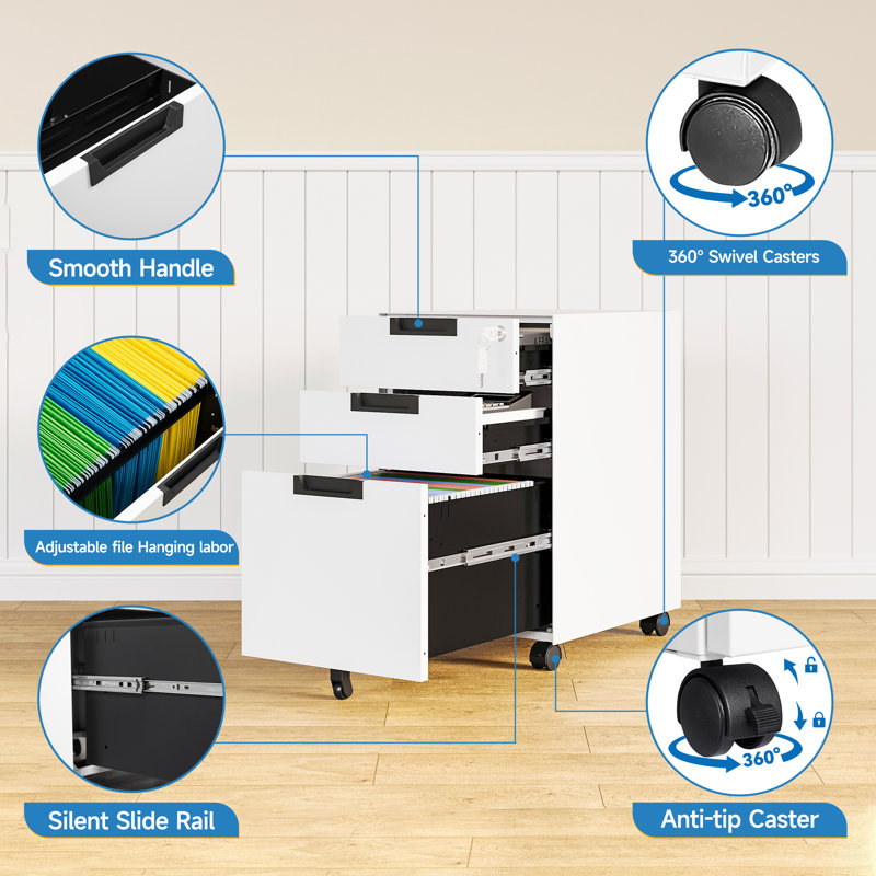 3-Drawer Mobile File Cabinet With Lock - Legal & Letter Size Storage For Home Office, Fully Assembled, White