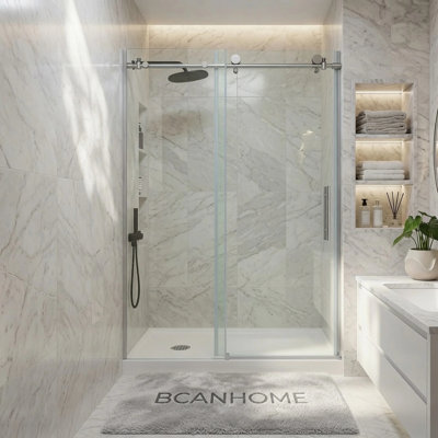 BCANHome Porte de douche coulissante semi-sans cadre l 44 à 48 po x H 76 po - verre trempé de 10 mm (3/8 po) | Quincaillerie antirouille en acier inoxydable | Film antidéflagrant, conception facile à nettoyer, performance de glissement fluide | Transparent Et élégant, robuste et durable