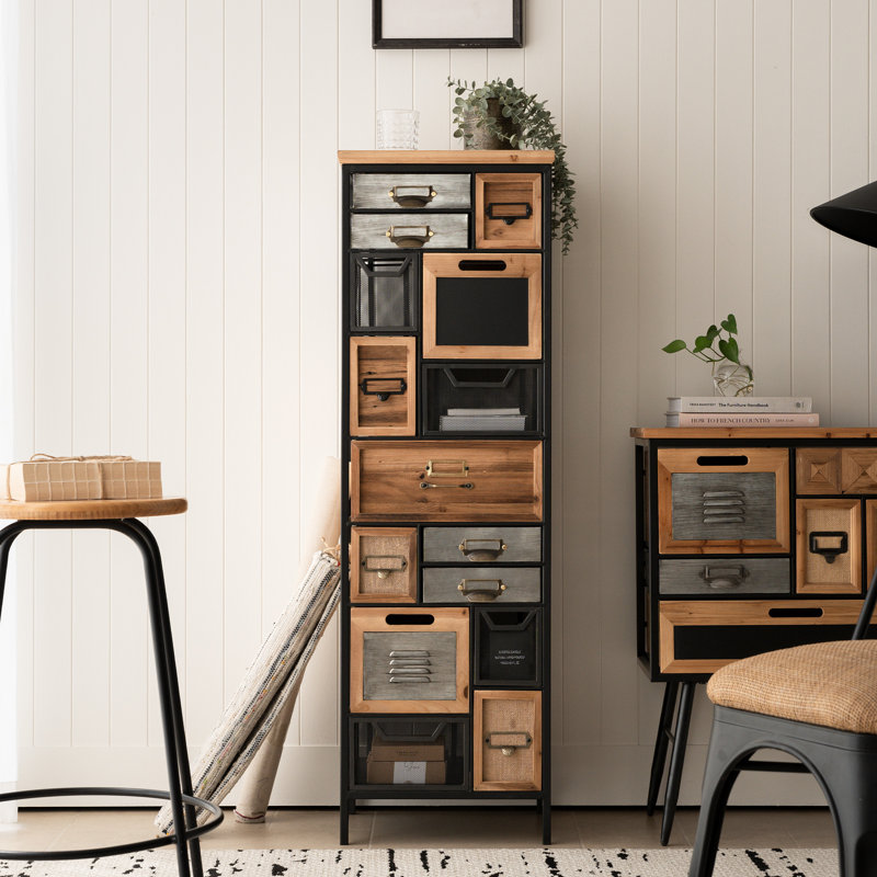 Armoire de pharmacie industrielle de 130 cm de hauteur avec plusieurs tiroirs, meuble de rangement étroit d'appoint au design bois et métal