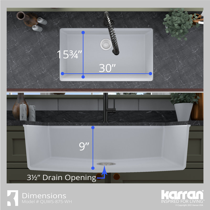Karran Quartz 32-1/2'' X 19-1/4'' Single Bowl Undermount Workstation Kitchen Sink, White