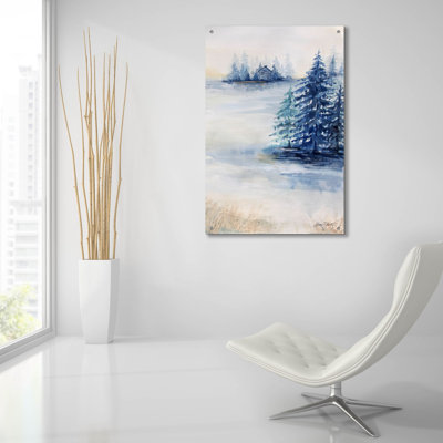 «Blue Pines C» par Jean Plout, art mural en verre acrylique, 24 po x 36 po