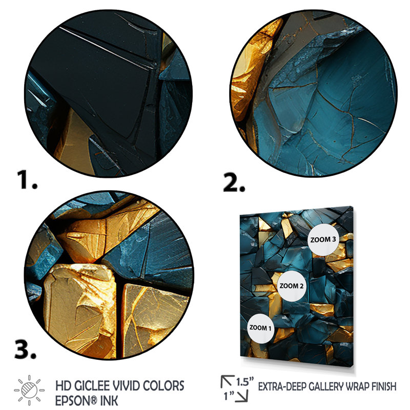 Décoration murale bleue et dorée Elegance I - marbre, Encadrement doré, H 44 po x l 34 po x P 1,5 po
