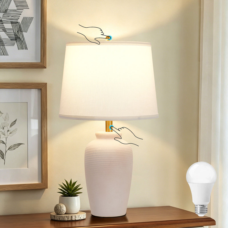 23.8"Ceramic Table Lamp Touch Control Bedside Lamp, Beige