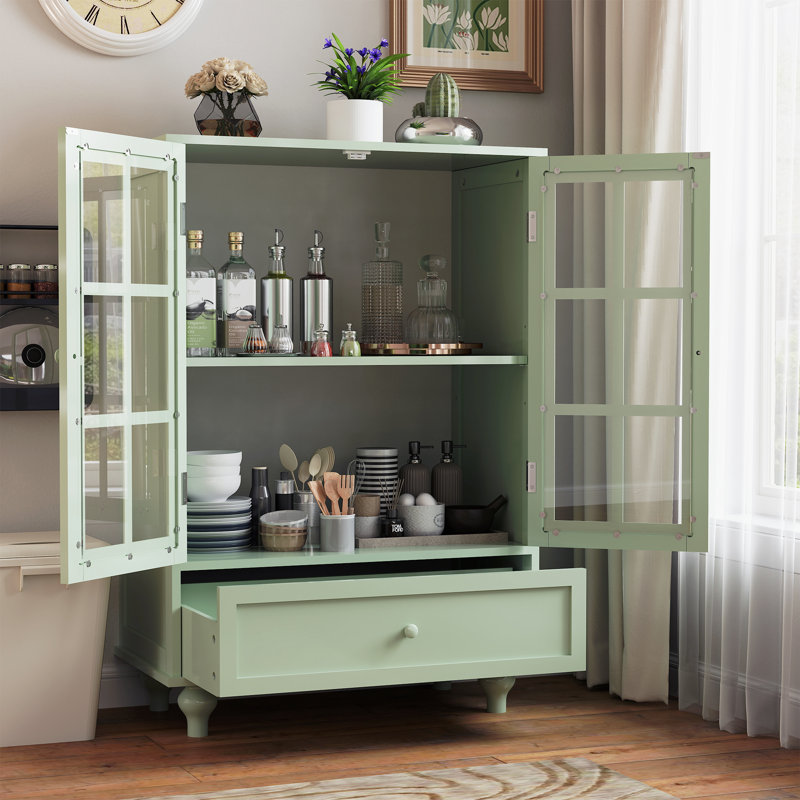 38'' Tall Storage Cabinet With Glass Doors For Living Room,Small Floor Buffet Cabinet With Drawer,Mint Green, Green