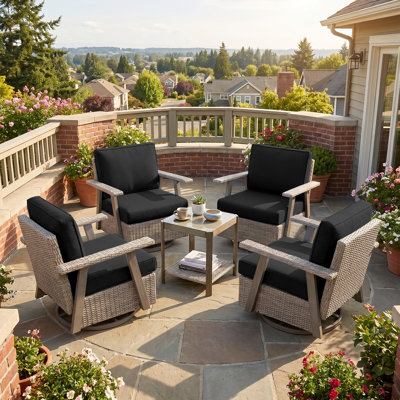 5-Piece Outdoor Swivel Rocking Conversation Set With Coffee Table, 360° Wicker Patio Glider With Cushions, All-Weather Metal Frame Seating Set For Porch, Deck & Backyard