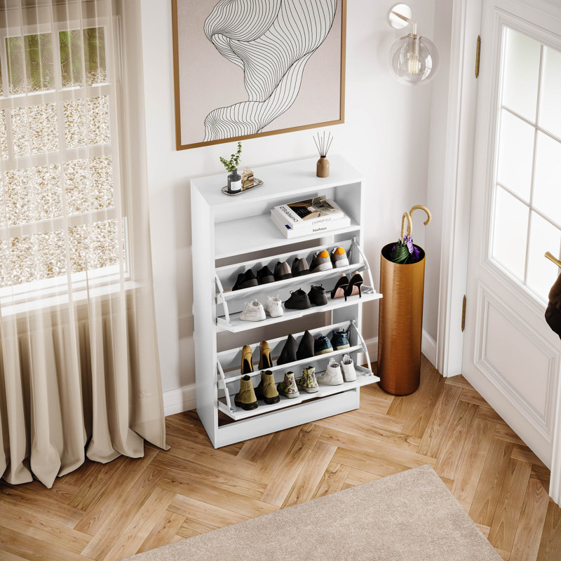 2 Drawer Shoe Cabinet with Open Shelf Modern Storage Furniture for Hallway Living Room Bedroom, White