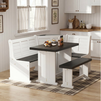 Fsc Solid Pine Wood L-shaped Breakfast Nook Set With Storage, Charging Station & Reversible Bench, Corner Dining Set Seats 3-5 For Kitchen Dining Room