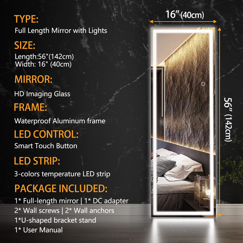 Wrought Studio™ Modern & Contemporary Led Floor Mirror Full Length Mirror, 56" x 16", Black