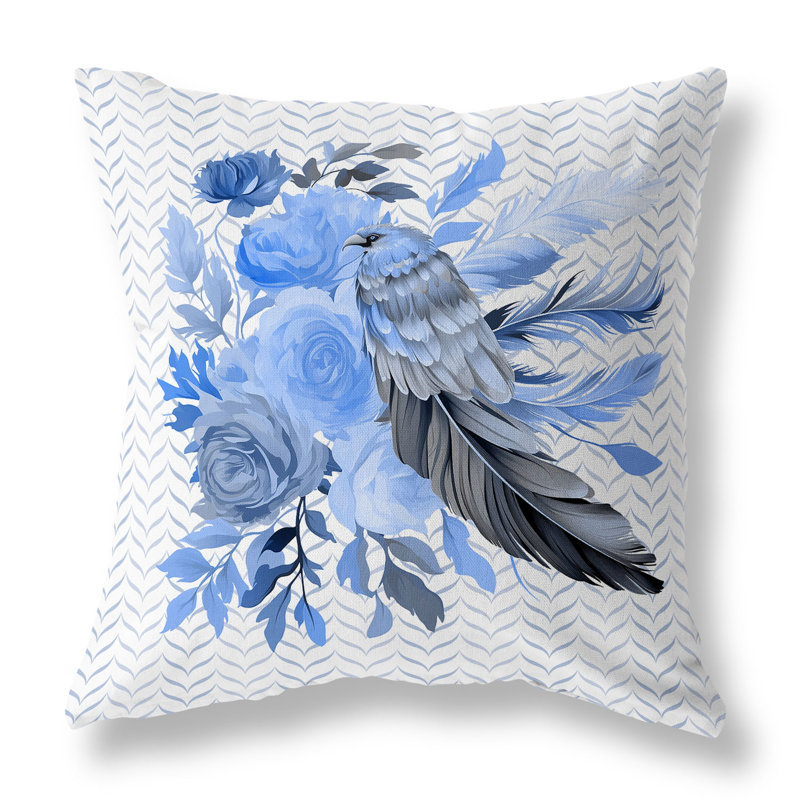 Coussin décoratif réversible Feathered Bouquet, Bleu / blanc / floral gris, H 18 po x l 18 po, Simili daim