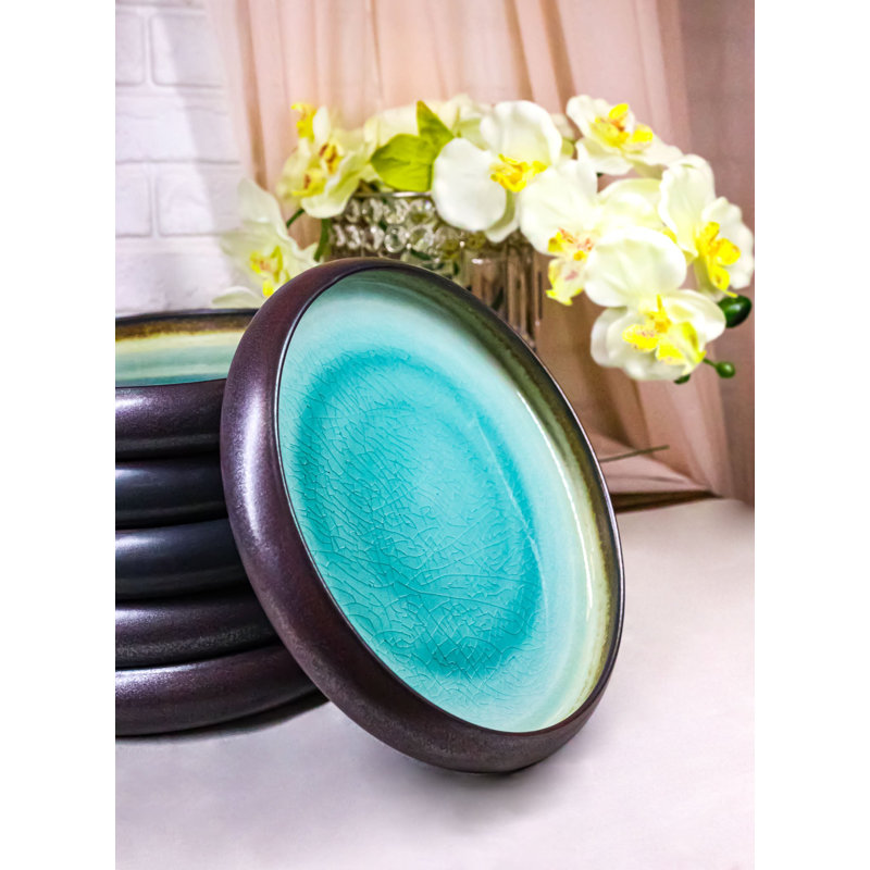 Lot de 6 assiettes creuses rondes ondulées en porcelaine Midori Kannyu Blue Sky verte, 23 cm de diamètre