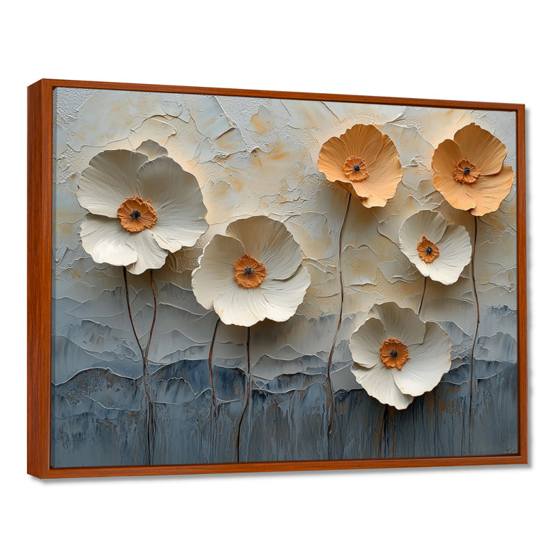 Art ornemental blanc coquelicots II - coquelicots pour le salon, H 34 po x l 44 po, Cadre flottant brun