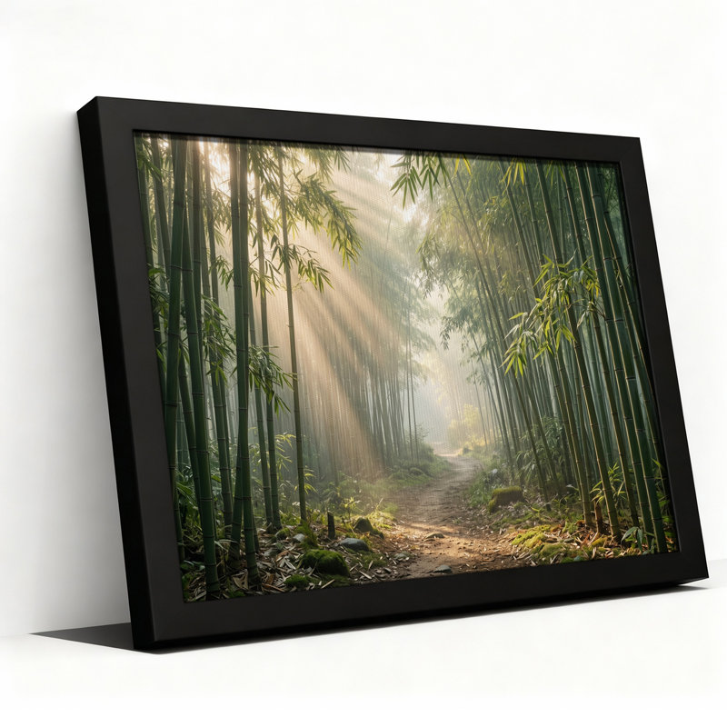 Chemin de bambou baigné de soleil doré - Tableau sur toile, H 16 po x l 24 po