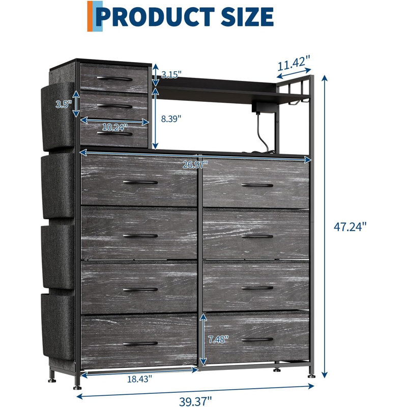 Dresser with 8+3 Fabric Drawers, Charging Station & LED Lights, Black