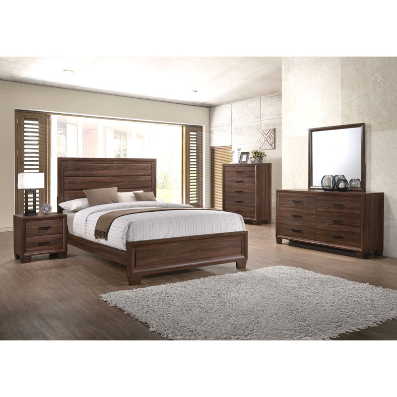 Ensemble de chambre à coucher à panneaux 4 pièces Aguiluz Liane, Très grand, Tabac rustique