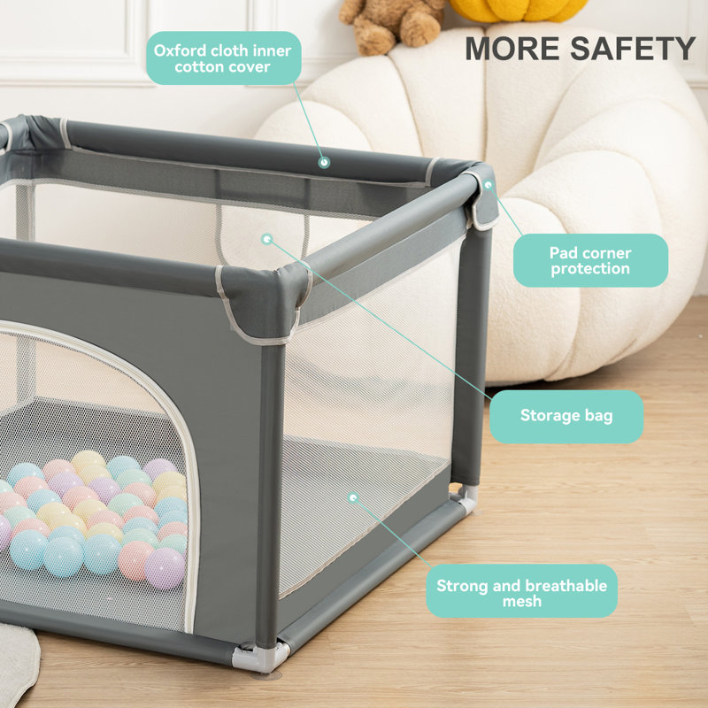 Parc pour bébé anti-chute pour l'intérieur et l'extérieur avec filet respirant, Gris