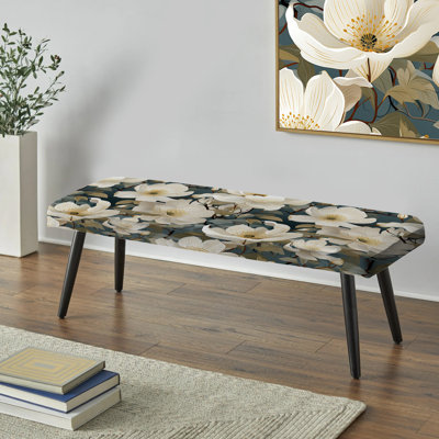 Fleurs roses blanches et vertes - Banc rembourré floral noir