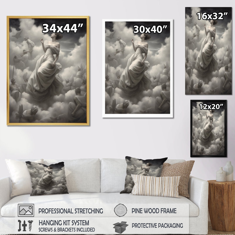 Ascendant Grace, surréalisme noir et blanc sur toile, Cadre simple argenté, H 20 po x l 12 po x P 1 po