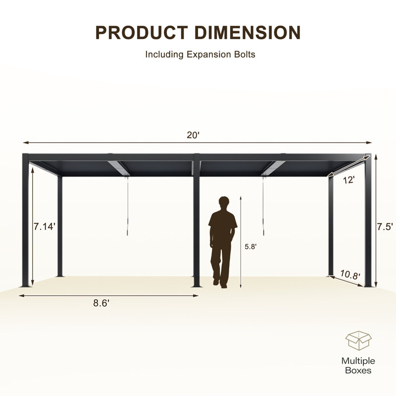 Pergola d'extérieur noire l 20 pi x P 12 pi avec structure en aluminium et persiennes réglables à deux zones, Noir