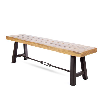 Outdoor Acacia Wood Patio Dining Bench with Powder-Coated Metal Frame, Teak & Black