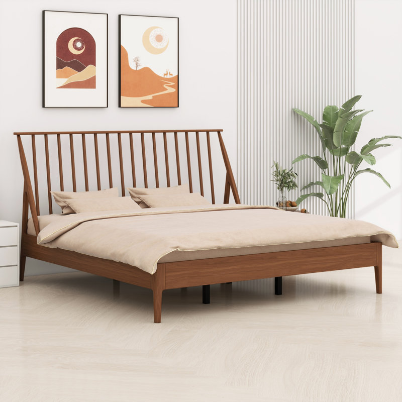 Lit plateforme en bois avec tête de lit haute, avec lattes de bois et support en métal, style Mid-Century moderne, Brun
