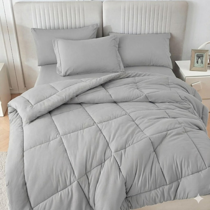 Cotton Blend Box Stitch Comforter, King Comforter + 4 Additional Pieces, Light Gray