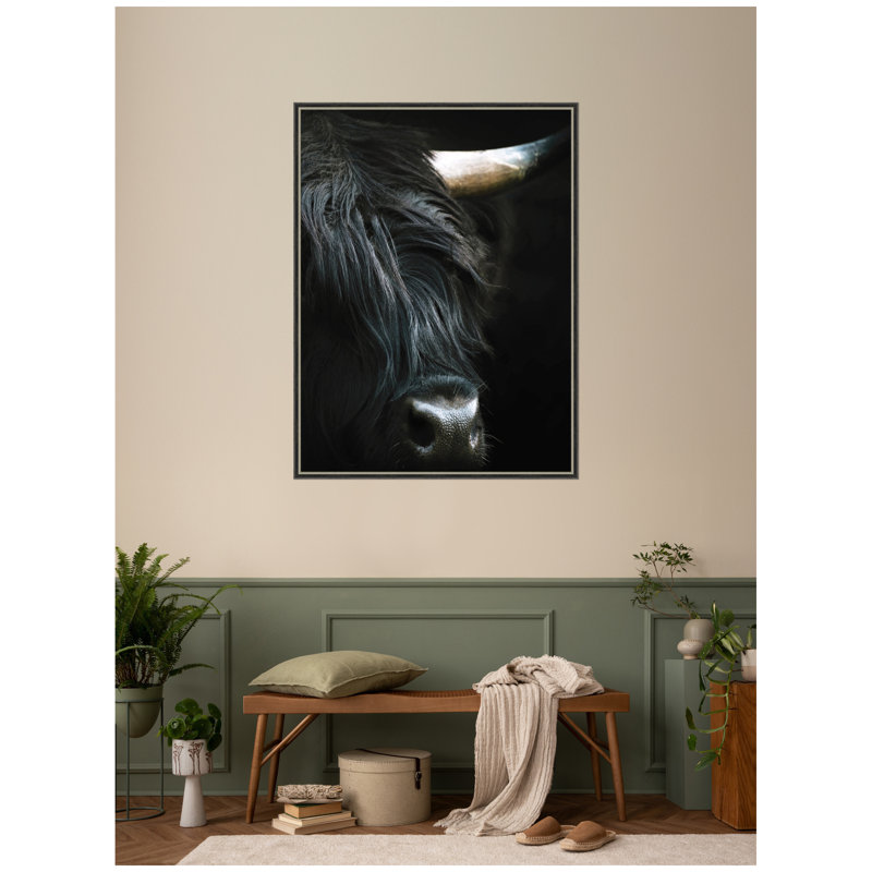 «Minimalist Black Highland Cow Close» par Michael Schauer, reproduction d'art encadrée