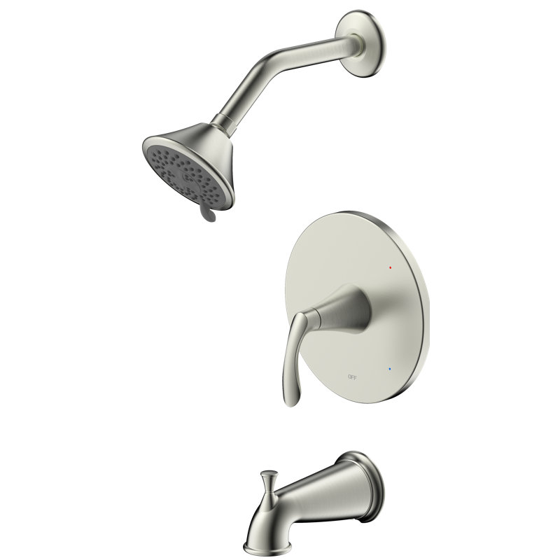 Stilleto Collection Shower System: 3-Function 4" Round Shower Head, Single Handle Set, Tub Spout, & Rough-in Valve Included - Brushed Nickel
