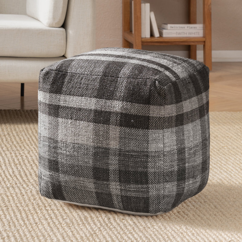 Guinda 18' Dark Brown Upholstered Pouf Ottoman, Dark Brown Checkered