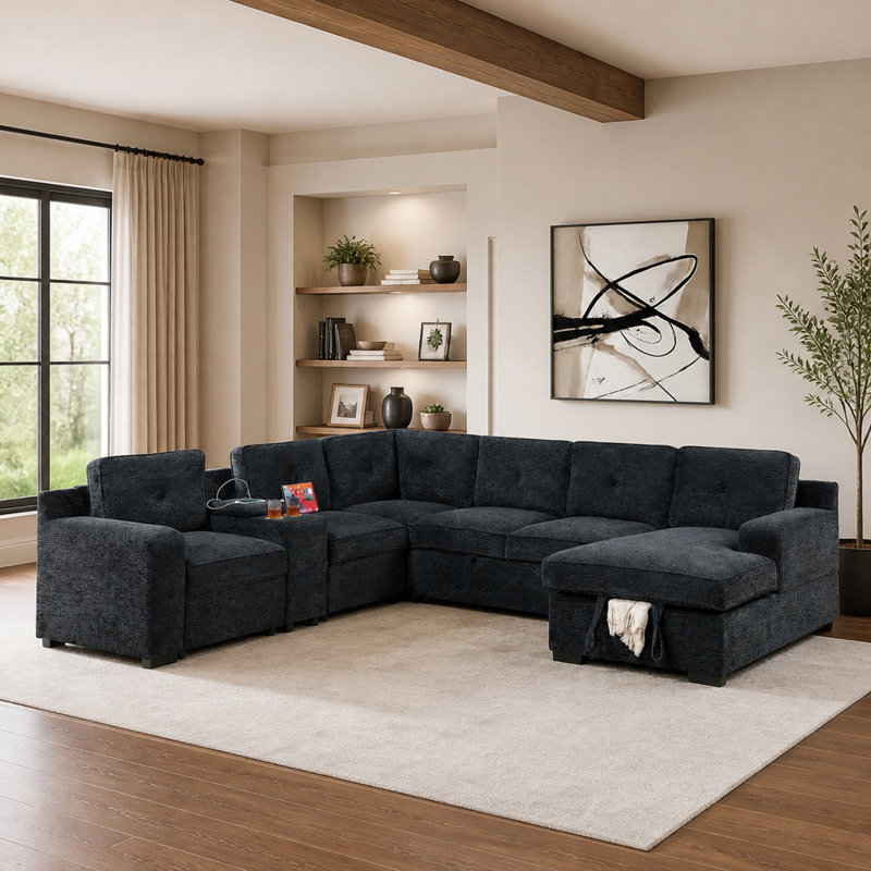 Canapé modulaire moderne en chenille noir capitonné 4 pièces avec canapé-lit et rangement, Chenille noir, Noir