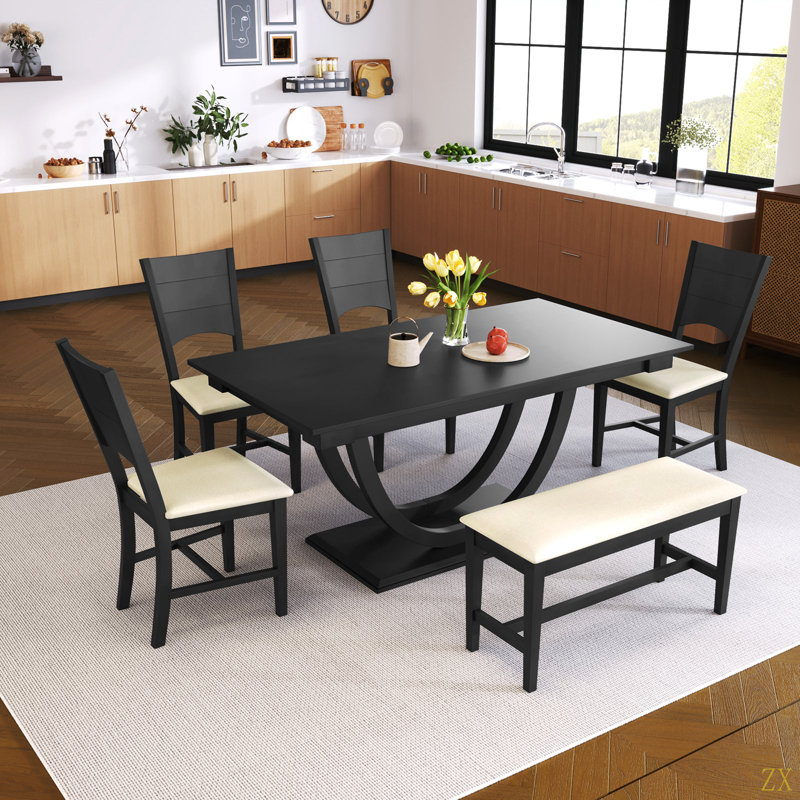 Ensemble de 6 tables de salle à manger en bois 6 pièces avec banc long et 4 chaises de style moderne, Noir