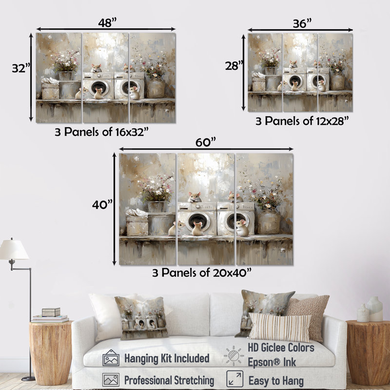 Cute Mice Laundry Day - Ensemble de décoration murale, H 28 po x l 36 po x P 1 po, Toile tendue