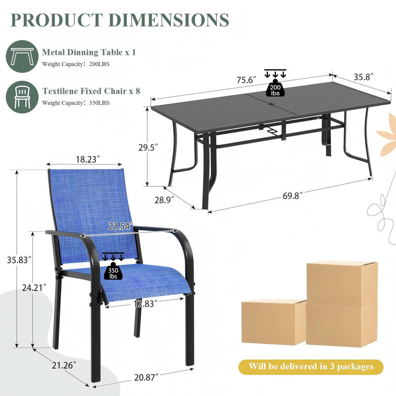 Ensemble de salle à manger 9 pièces pour terrasse - Comprend 8 chaises de salle à manger empilables et une table en métal avec trou pour parasol - 8 places pour la cour, la piscine, le balcon et le jardin, bleu