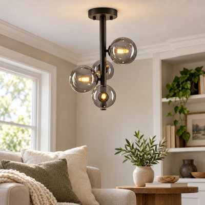 Modern Black Flush Mount Ceiling Light with Water-Transfer Wood Grain Metal Frame and Gradient Smoky Gray Glass Globes, 4-Light or 8-Light Option for Bedroom, Hallway, Kitchen - ETL Listed