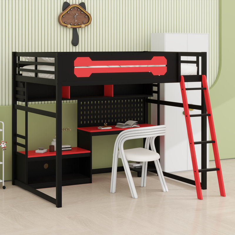 Lit mezzanine en bois avec bureau, Noir / Rouge