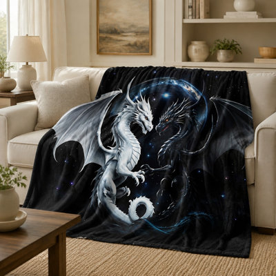 Plaid en flanelle à motif Yin Yang et dragons, imprimé double dragon noir et blanc sur le thème cosmique, ultra doux, léger, respirant, toutes saisons, agréable pour la peau, lavable à la machine, décoratif, pour canapé, fauteuil, salon et chambre