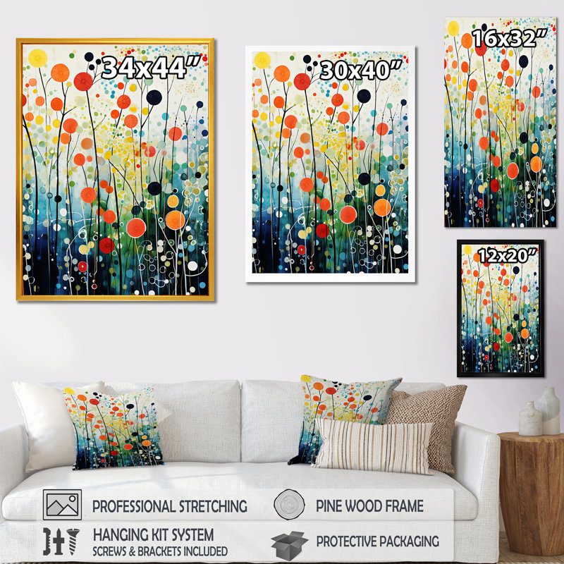 Fleurs abstraites - Art mural fleurs, H 44 po x l 34 po x P 1,5 po, Cadre simple noir
