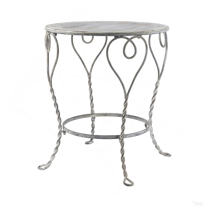 26X26x30" Heart Iron Round Side Table, Distressed Silver Finish, French Country Accent End Table With Twisted Legs