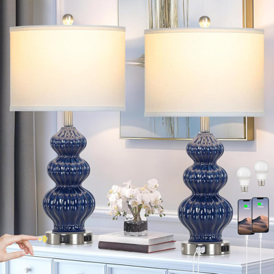 Triple Gourd Ceramic Table Lamps Set Of 2, Modern Bedside Lamps With USB A+C Ports & AC Outlet, 3 Way Touch Control Contemporary Nightstand Lamps For Bedroom Living Room