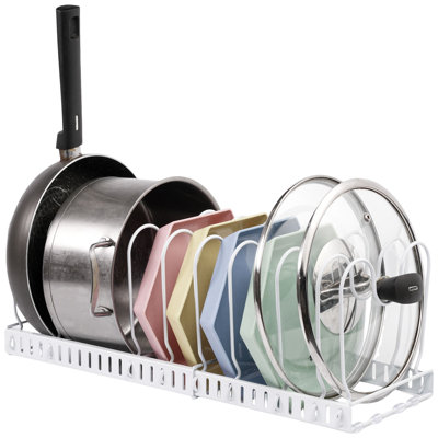 DEWEL 1PCs Expandable Pots and Pans Organizer Under Cabinet (White),carbon steel racks expand from 13.4 to 22.4 inches; 10 dividers organize pots, pans and lids