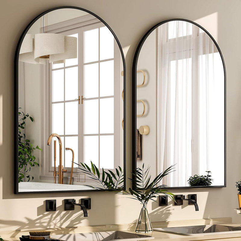 Miroir de salle de bain pour mur, miroir de salle de bain arqué pour meuble-lavabo au-dessus de l'évier, cadre en métal avec verre incassable HD pour entrée, salon, chambre à coucher